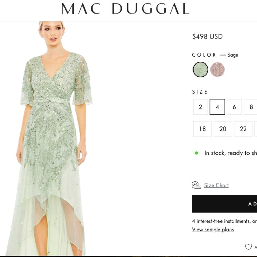 MacDuggal Sage sequined butterfly sleeve high low gown (worn once!)